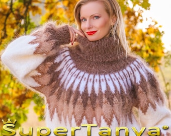 Boutique Icelandic pullover hand knitted mohair sweater in ivory, brown and beige custom made jumper by SuperTanya