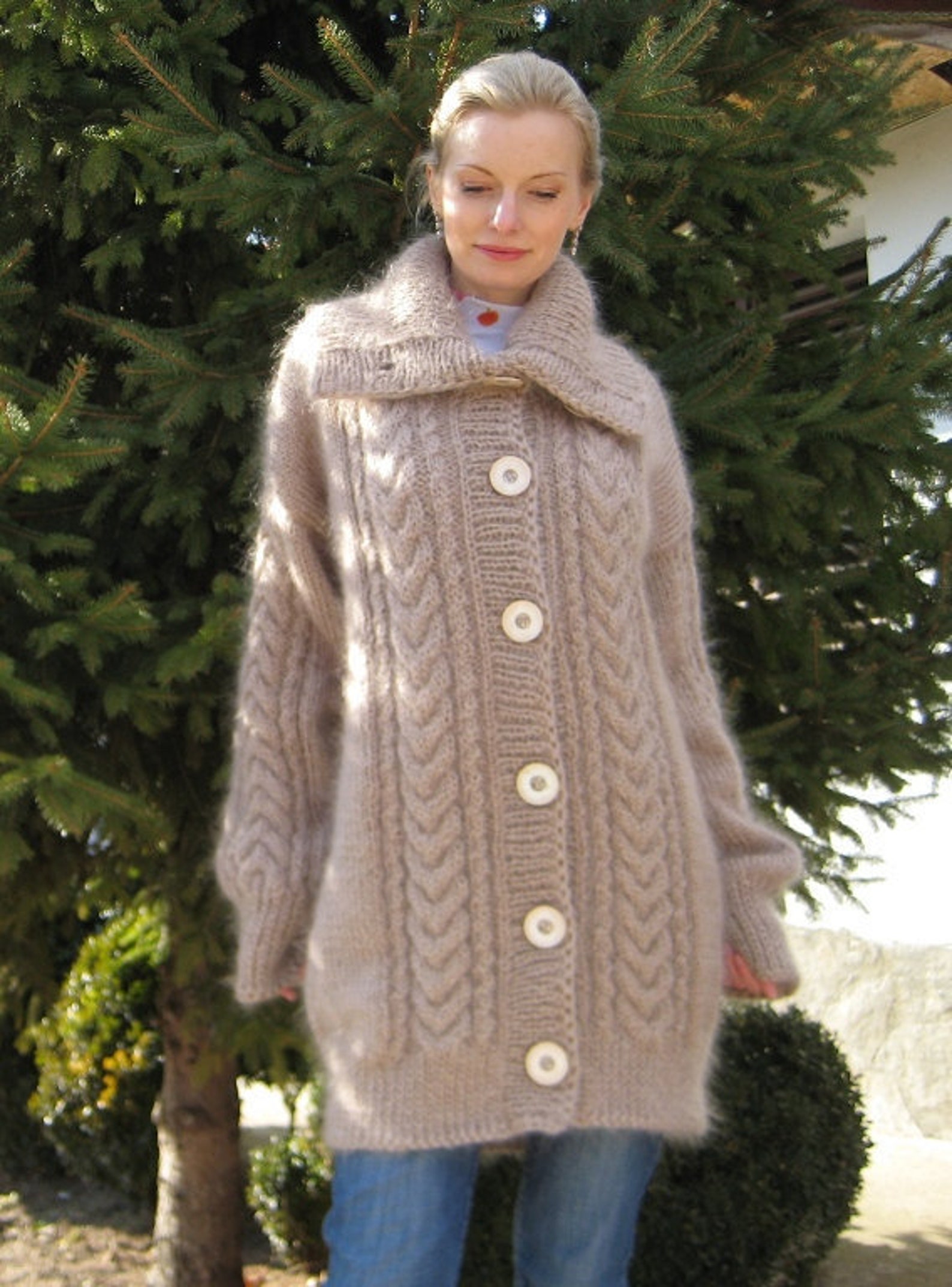 Beige mohair sweater coat long hand knitted jacket by | Etsy