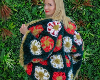 Hand knitted floral cardigan – one of a kind fuzzy statement knit coatigan, SuperTanya wearable art, boho luxury jacket, ready to ship