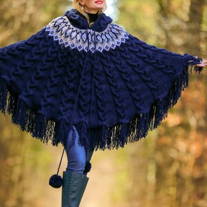 Blue ski wool poncho sweater cable knit Nordic sweater SuperTanya READY TO SHIP image 10