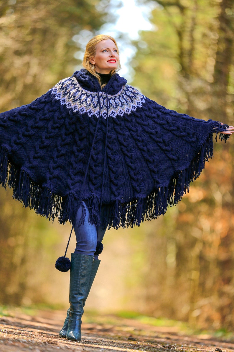 Blue ski wool poncho sweater cable knit Nordic sweater SuperTanya READY TO SHIP image 10