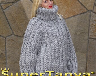 Thick chunky wool sweater grey hand knitted ribbed gray pullover with hat by SuperTanya