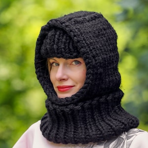 SuperTanya black thick hat handmade wool balaclava ready to ship, XL-XXL size