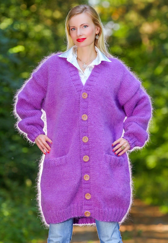 Thick V Neck Mohair Cardigan Long Hand Knitted Sweater Coat