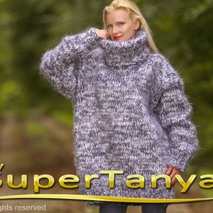 10 strands mega thick and fuzzy hand knit mohair sweater, unisex handgestrickte pullover in bluish gray white by SuperTanya