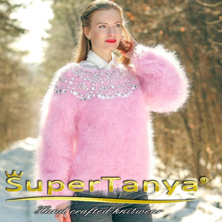 Luxurious Mohair Sweater With Stones, Handmade Fluffy Pink Mohair