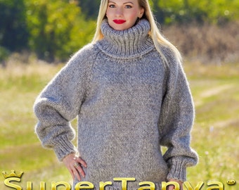 Handmade grey wool sweater hand knitted thick pullover turtleneck jumper by SuperTanya