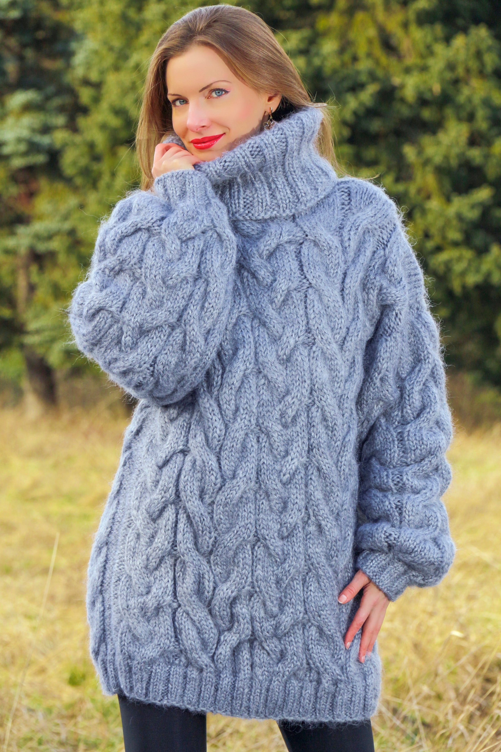 Cable Knit Mohair Sweater Hand Knitted Thick Fuzzy Warm