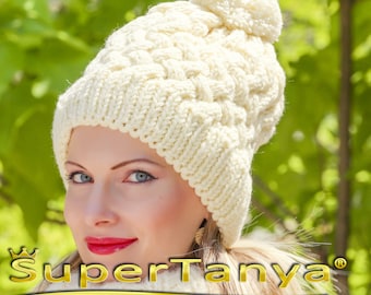 Cable knit wool hat with pom pom, thick ski hand knitted beanie by SuperTanya