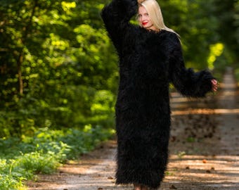 Black mohair dress long slouchy sweater tunic hand knitted fluffy gown with extra long sleeves, Ready to Ship, size L -XL, SALE