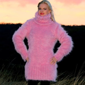 Supertanya Pink Mohair Dress Sweater Tunic Hand Knitted Fluffy Pullover ...