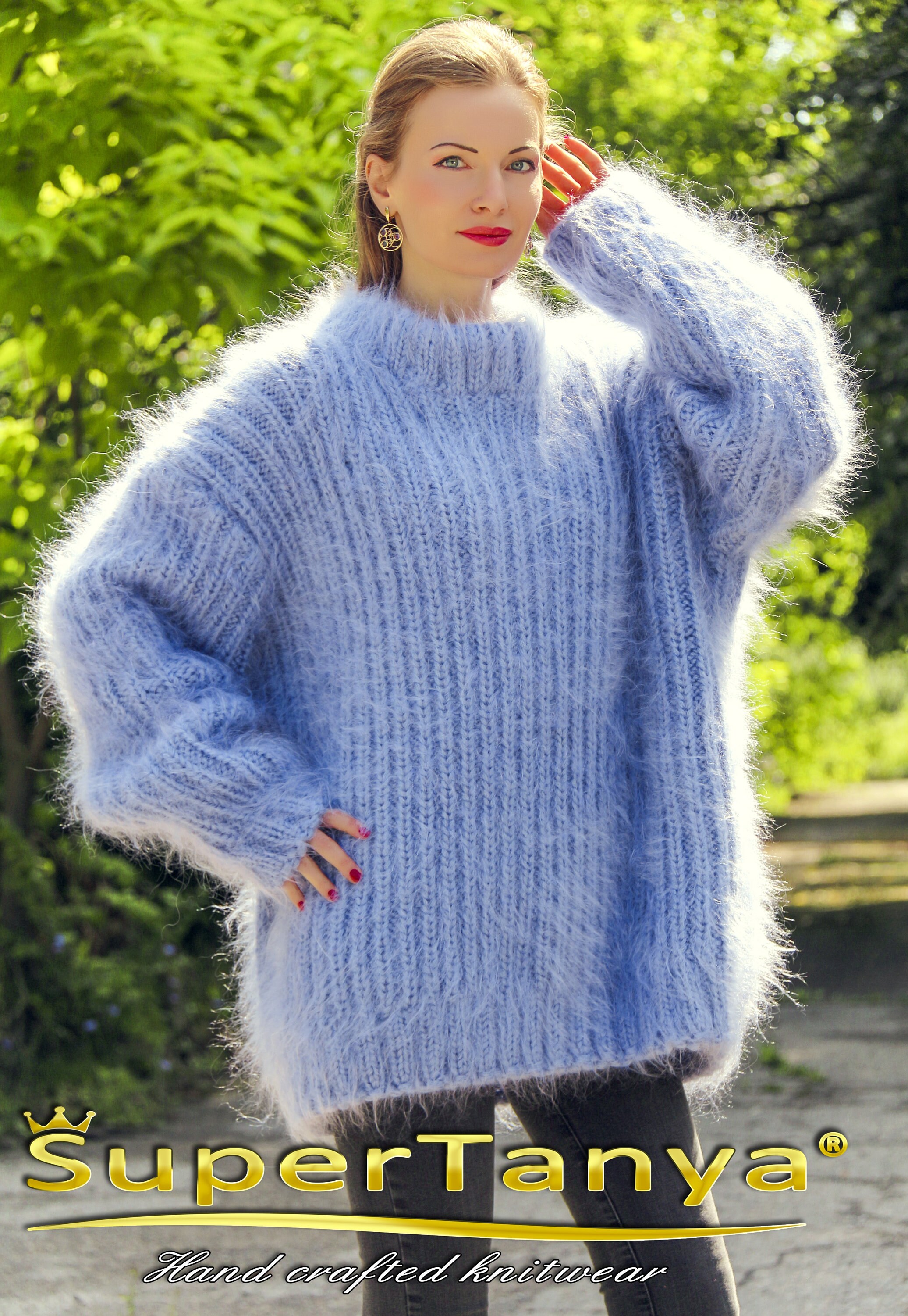 Blue thick mohair sweater with separate turtleneck by | Etsy