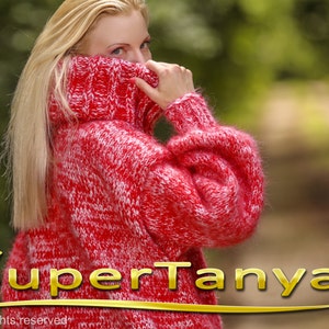 Thick and fuzzy hand knit mohair sweater, 4 strands mohair in white and red melange by SuperTanya