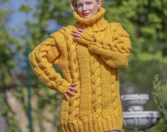 Maglione a collo alto in spessa lana gialla lavorato a mano, pronto per la spedizione, taglia L-XL