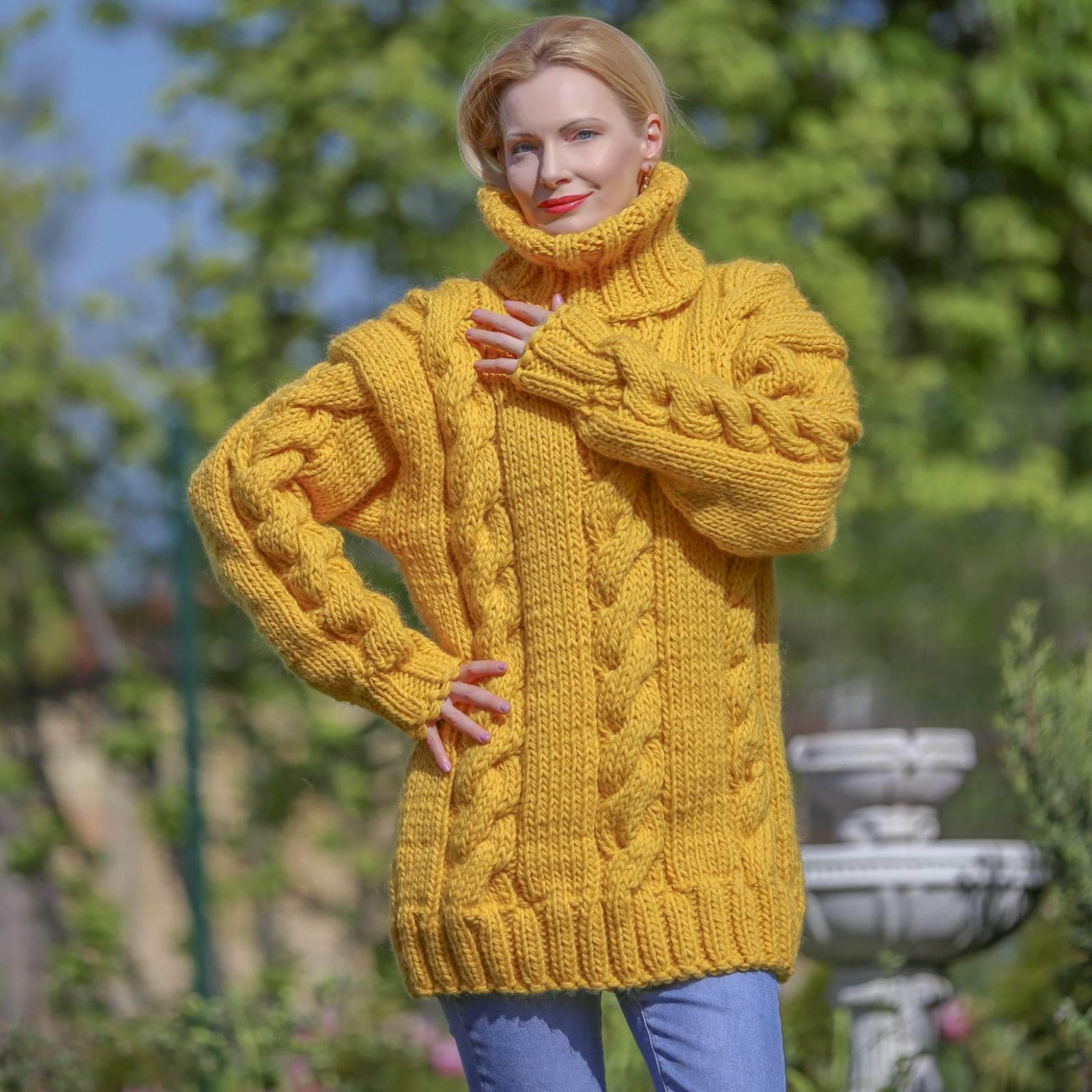 Hand Knitted Thick Yellow Wool Sweater With Turtleneck, Ready to