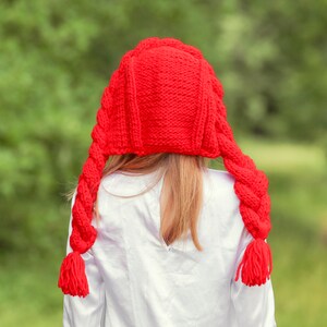 SuperTanya red hat cable knit hat with braids red riding hood hat Halloween hat READY TO SHIP image 4