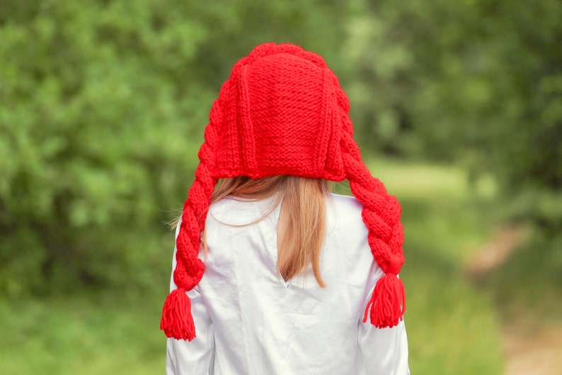 SuperTanya red hat cable knit hat with braids red riding hood hat Halloween hat READY TO SHIP image 4