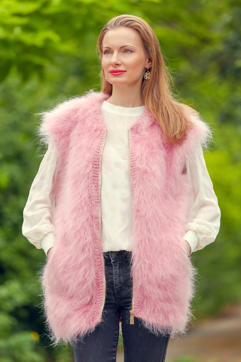 SuperTanya fuzzy pink mohair vest with zipper ready to ship size L-XL image 1