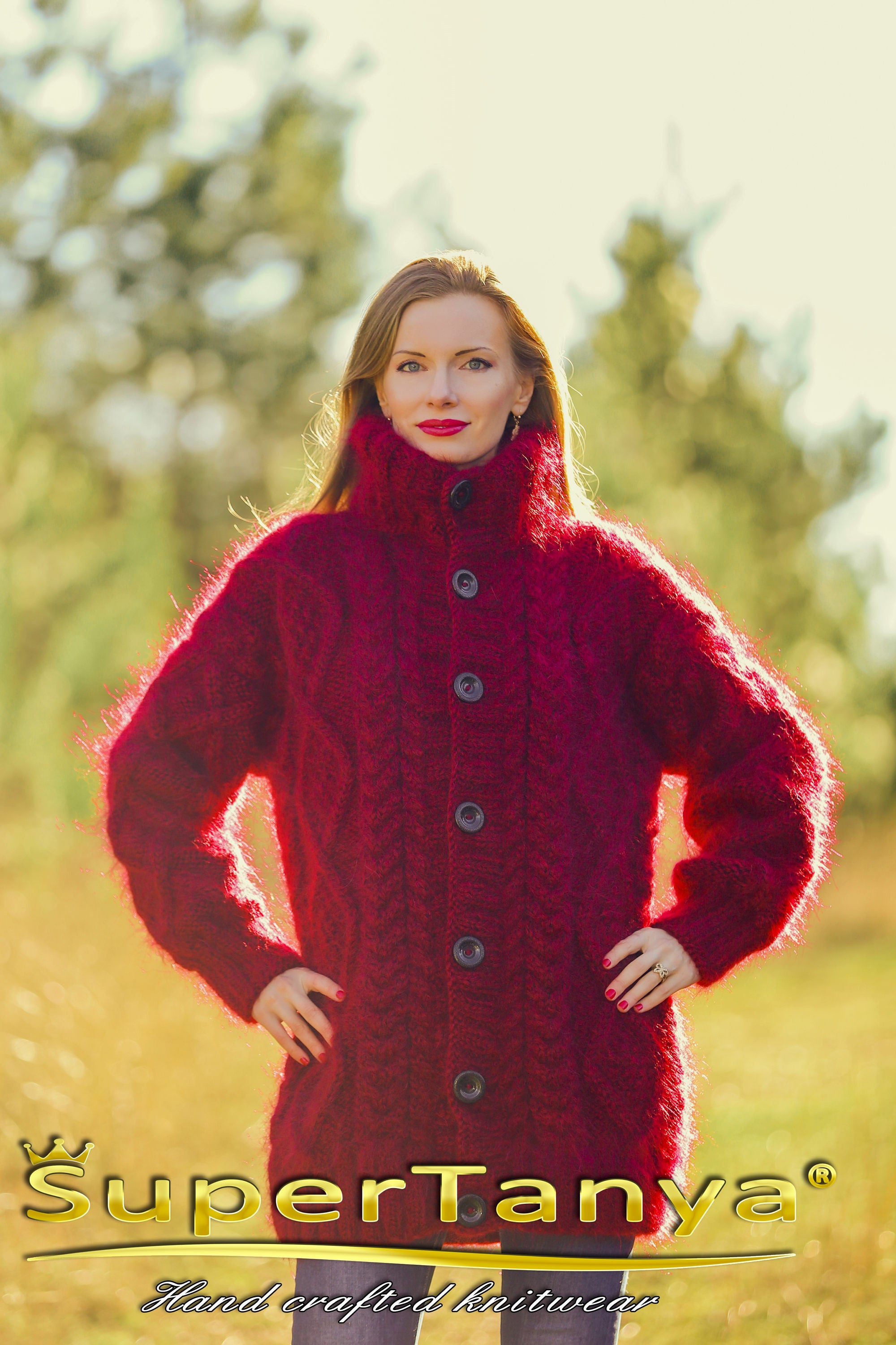 Bespoke Red Cable Knit Mohair Wool Cardigan, Thick Handmade