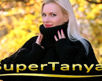 Black wool sweater hand knitted turtleneck pullover by SuperTanya