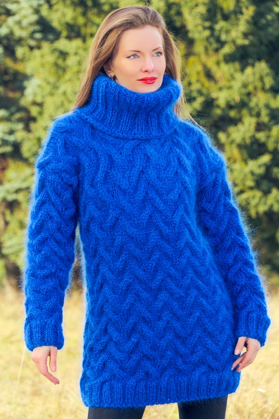 Turtleneck Cable Knit Mohair Sweater Hand Knitted Pullover by