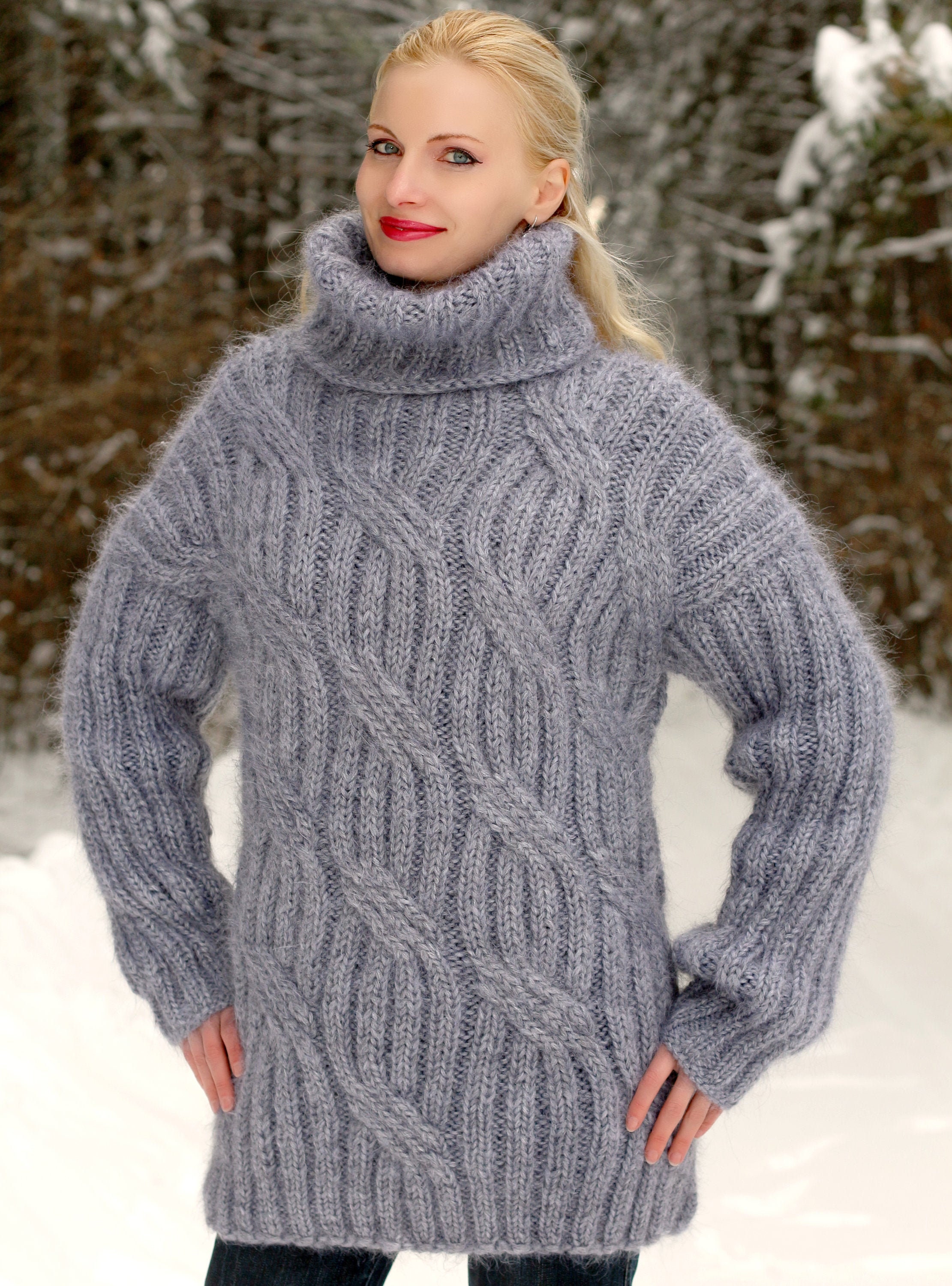 Cable Knit Mohair Sweater Hand Knitted Pullover Turtleneck Jumper