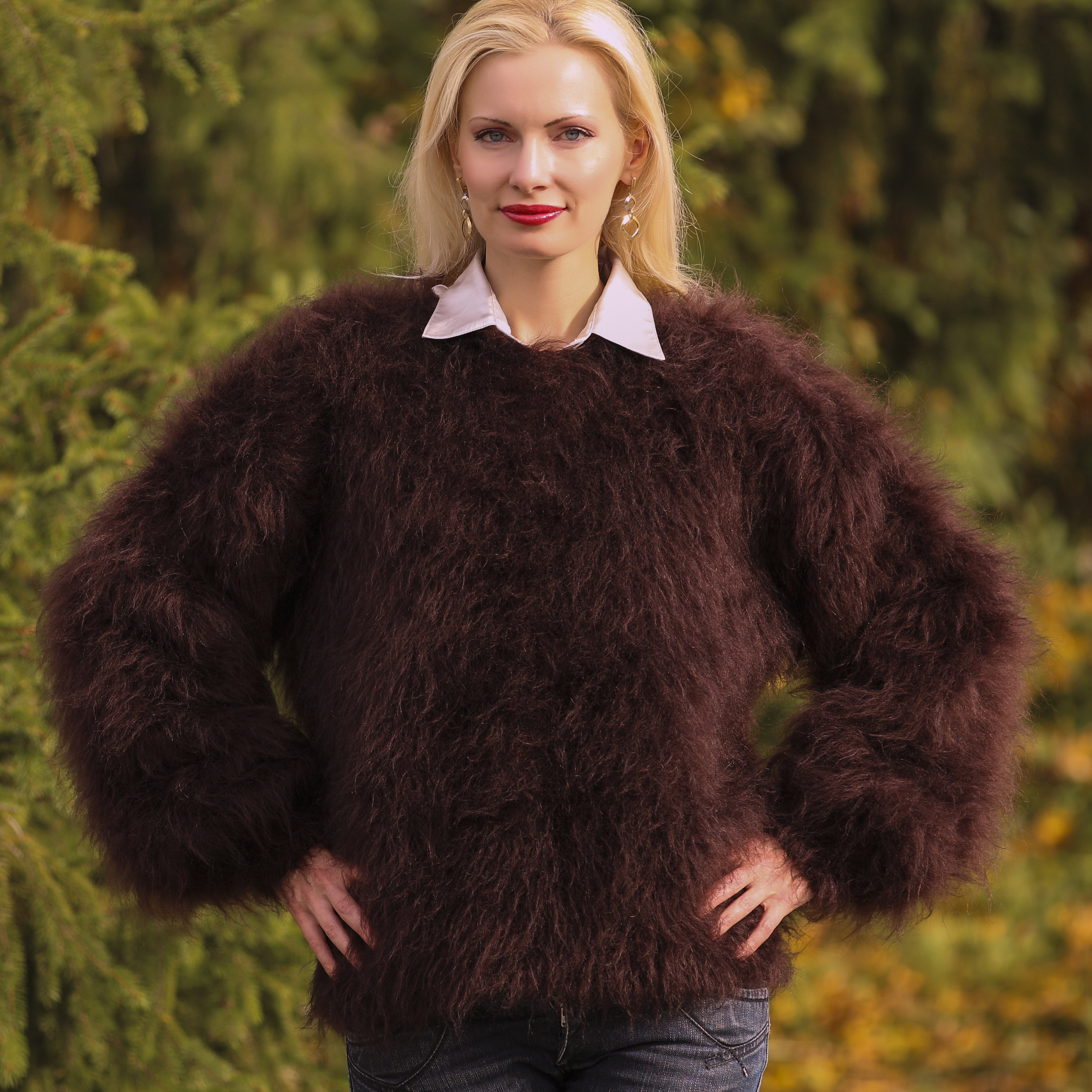 Crewneck Mohair Sweater Fuzzy Jumper Hand Knitted Fluffy Pullover