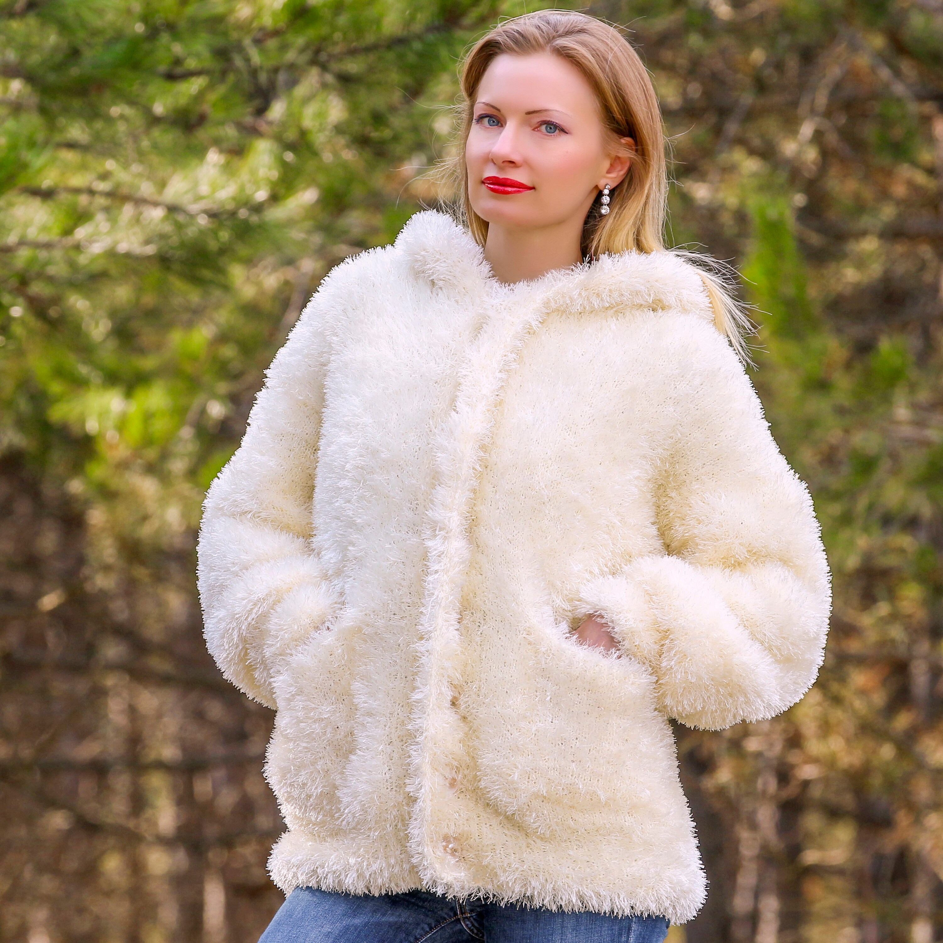 Ivory Fuzzy Knit Hooded Jacket - Cozy Winter Coat - Etsy