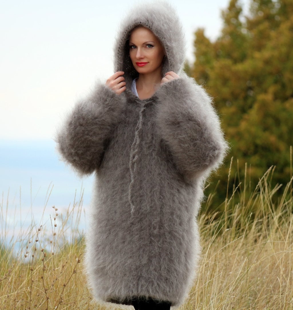 Thick Fuzzy Mohair Pullover Hand Knit Thick Sweater Hoodie Jumper