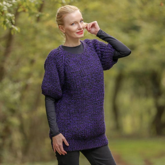 Maglione di lana viola nero fatto a mano a coste Maglione a