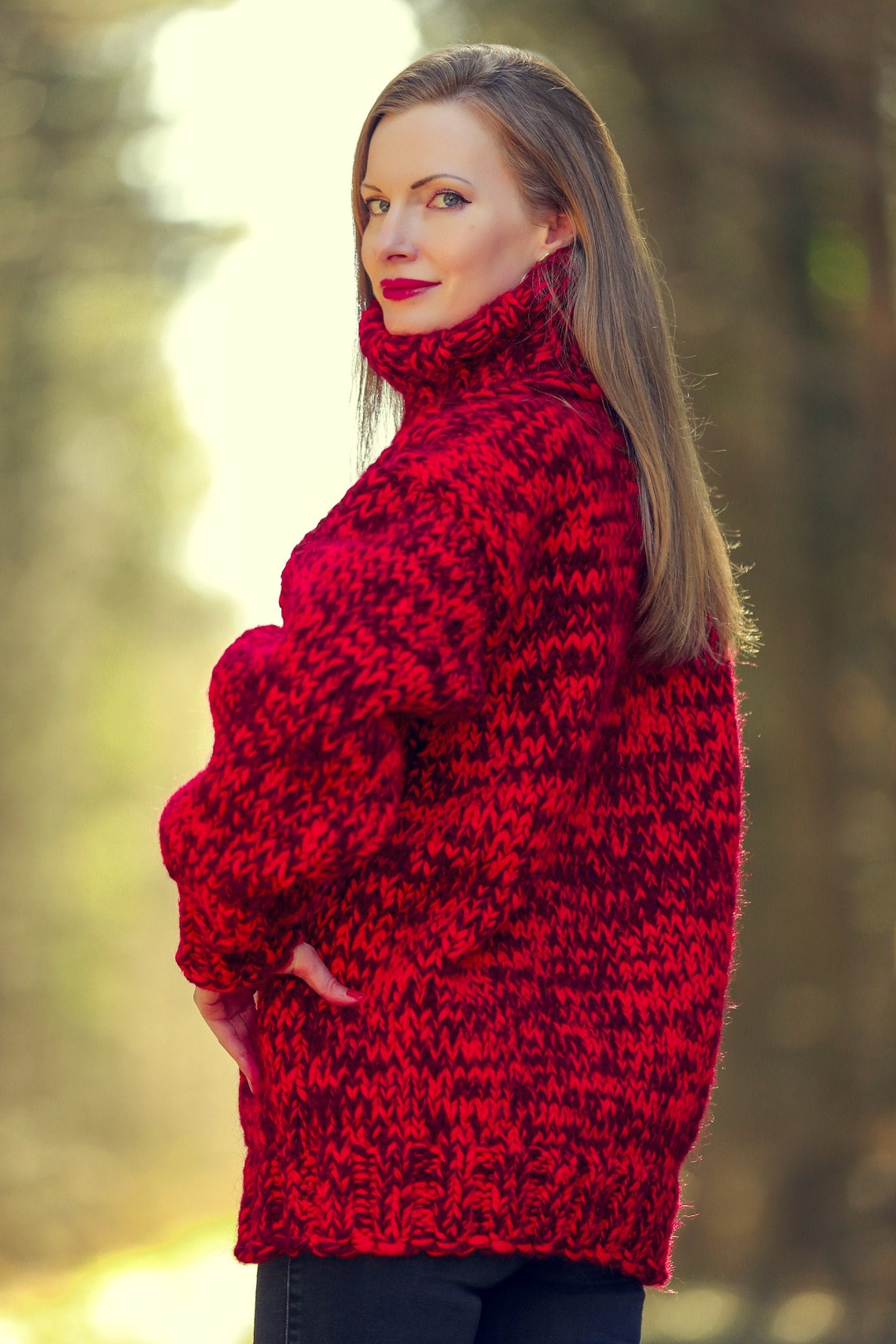Thick red wool sweater hand crafted thick turtleneck pullover | Etsy