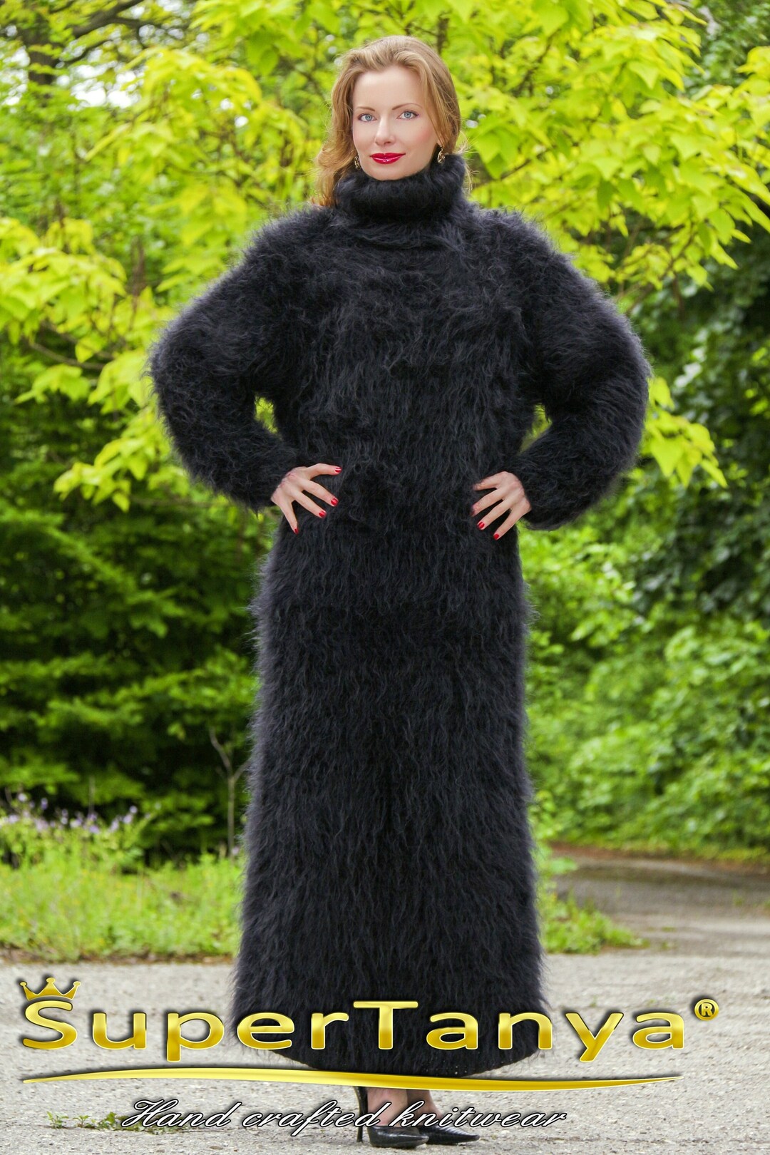 Vestido de mohair negro difuso tejido a mano vestido de suéter