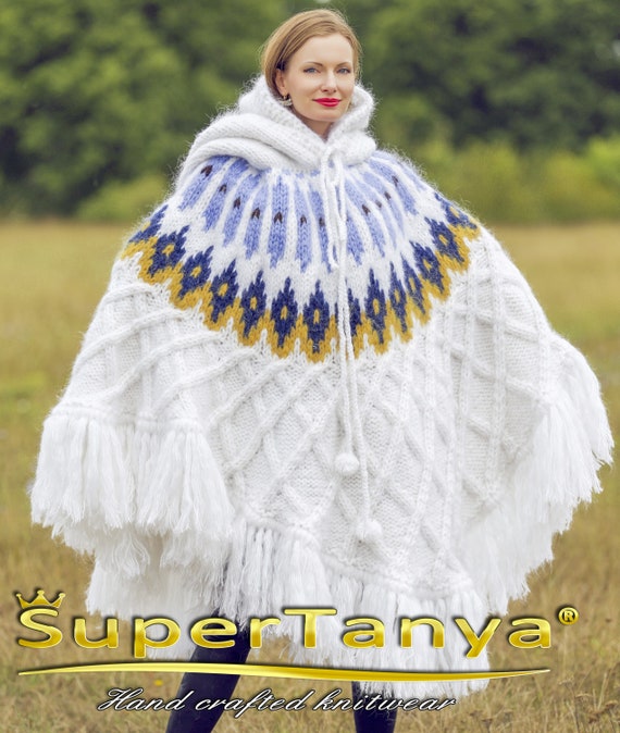 White Icelandic Mohair Poncho Hand Knitted Nordic Sweater Huge