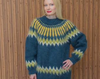 Luxury mohair sweater, hand knitted green colorful sweater, SuperTanya luxury knitwear, ready to ship, size L-XL, PROMOTION
