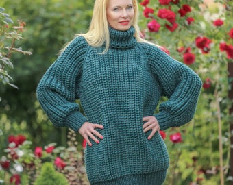 Jersey de cuello alto grueso de lana verde tejido a mano, SuperTanya Pullover, listo para enviar, talla L XL