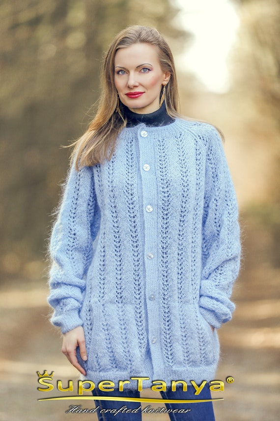 Light Blue Cardigan With Fine Lace Pattern Hand Knitted - Etsy