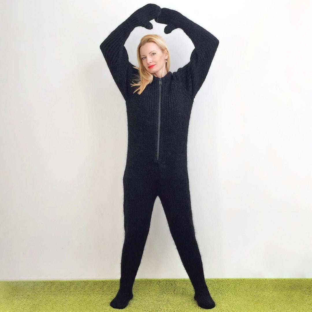 Handmade Mohair Catsuit With Separate Balaclava Fuzzy Black Zentai