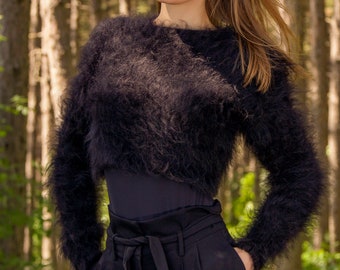 Cropped Mohair Sweater Top Hand Knitted Short Jumper Long Sleeves