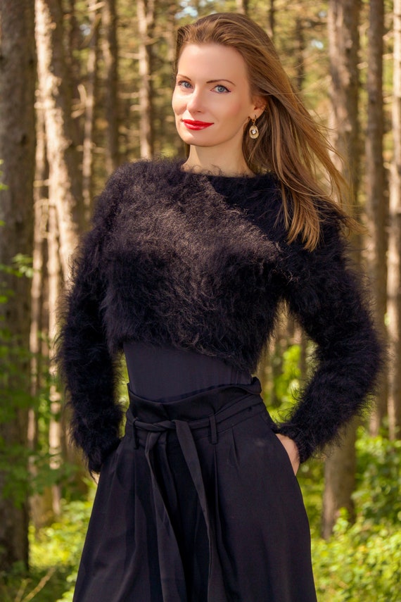 Cropped Mohair Sweater Top Hand Knitted Short Jumper Long Sleeves