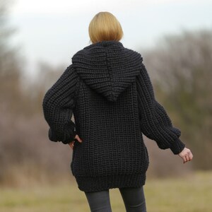 SuperTanya black wool cardigan mega thick sweater chunky ribbed pattern hoodie coat Ready to Ship size XL 3.7 KG image 5