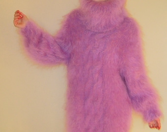 Hand knitted mohair sweater dress fuzzy thick turtleneck purple jumper by SUPERTANYA