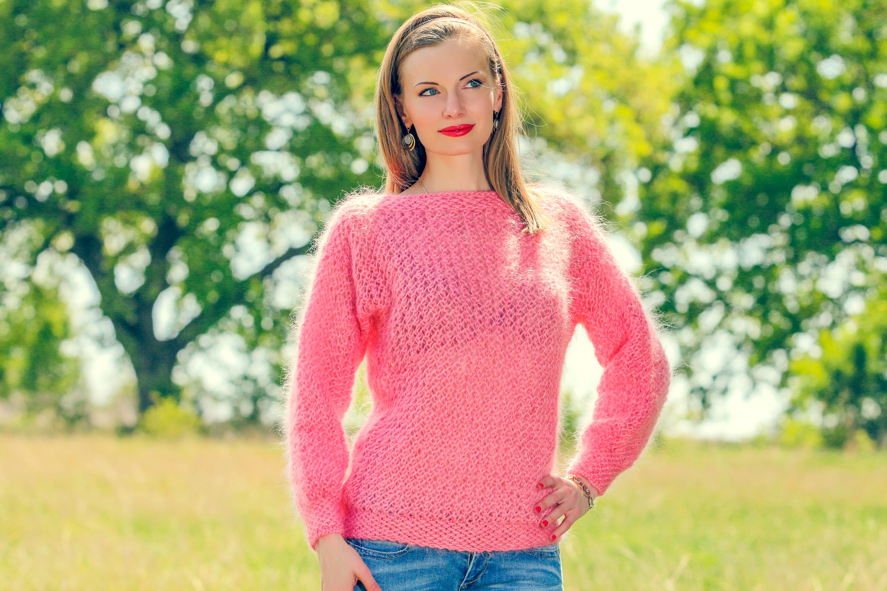 Net Mesh Mohair Sweater Handmade Pink Summer Jumper Fluffy Light