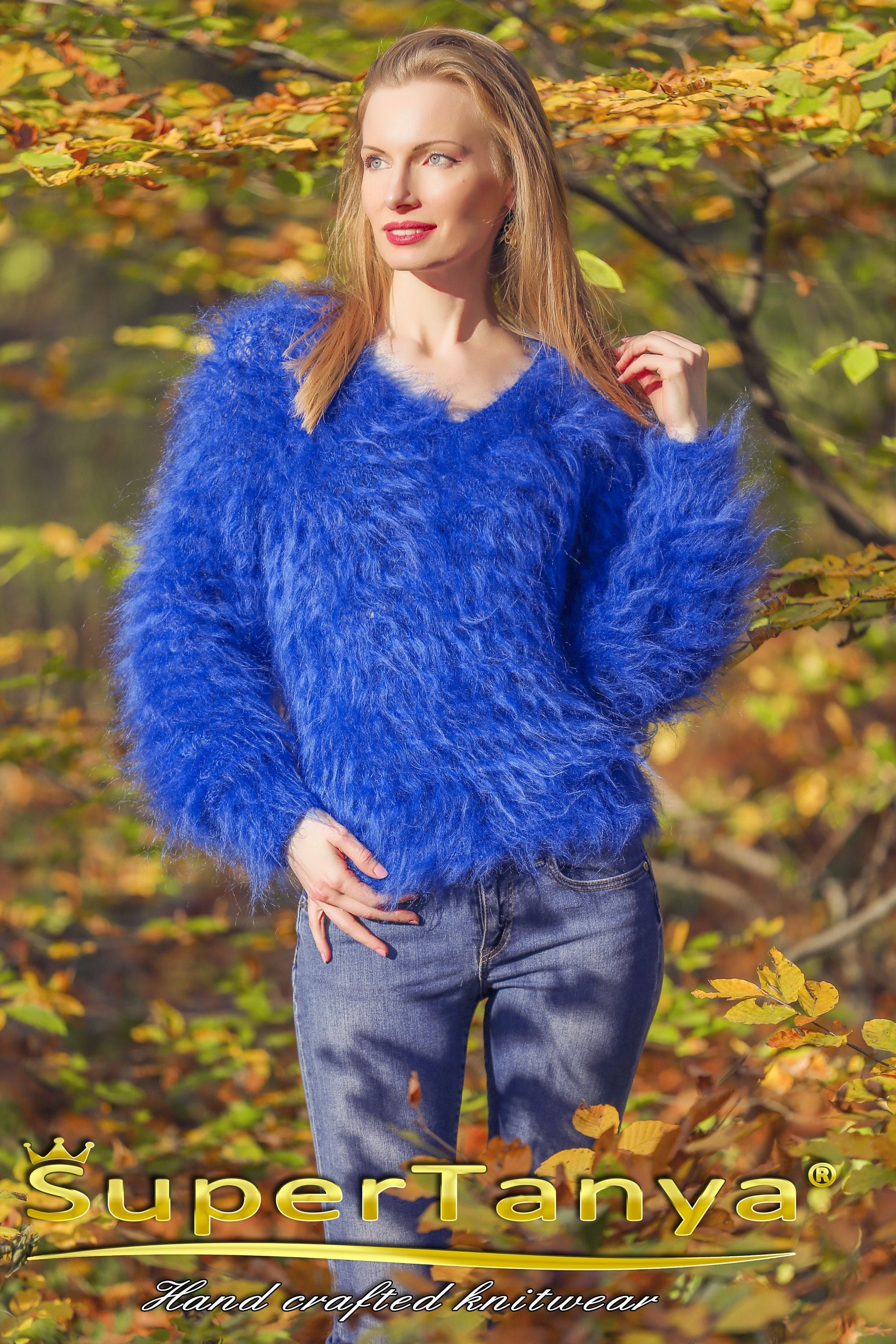 Fuzzy Mohair Sweater V Neck Fluffy Top Hand Knitted Jumper by