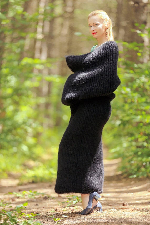 Black Mohair Scarf Dress Handmade Long Tube Infinity Scarf Wool