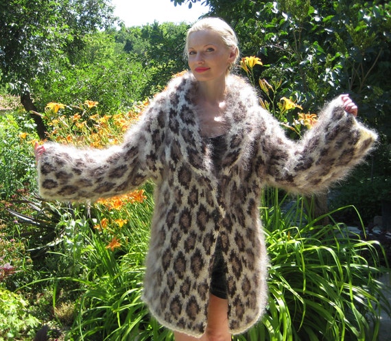 Gorgeous hand knitted mohair sweater coat with leopard