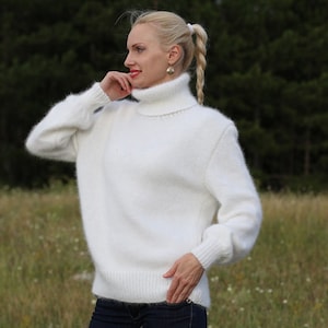 Rabbit angora sweater off white fuzzy jumper hand knitted turtleneck pullover by SuperTanya