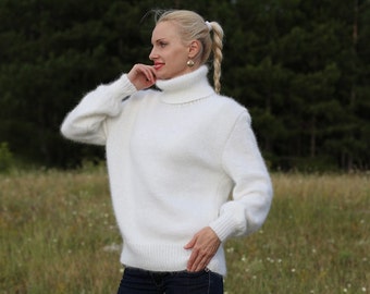 Rabbit angora sweater off white fuzzy jumper hand knitted turtleneck pullover by SuperTanya
