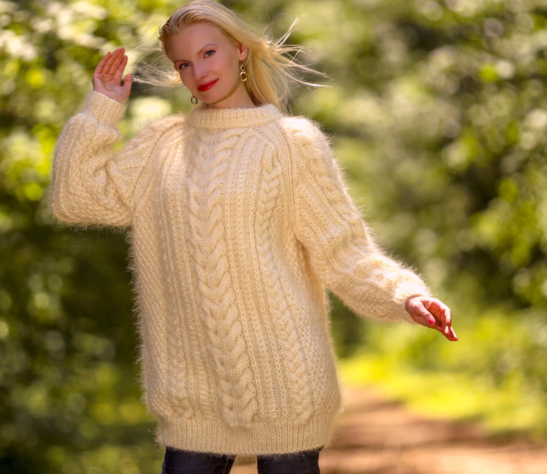 Pull En Laine Blanche épais à Col Rond - Tricot Main SuperTanya Taille L