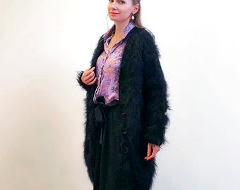 SuperTanya zwart handgemaakt lang donzig mohairvest - klaar voor verzending, maat L-XL