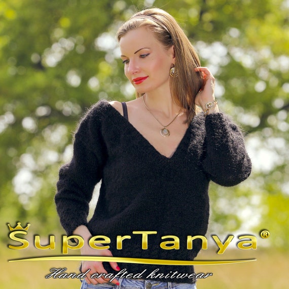 トップス vintage black mohair mix v-neck knit Sexy Black Mohair Sweater, V Neck Mohair Sweater Hand